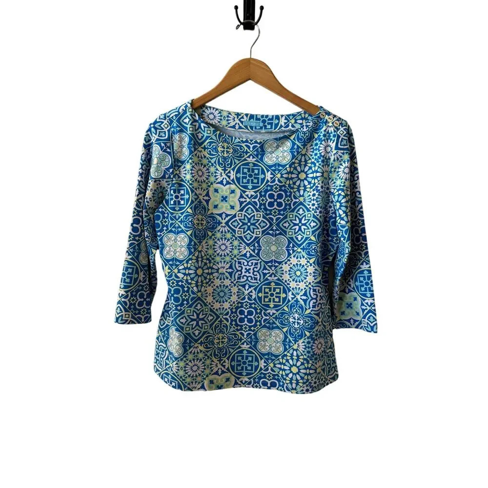 J.Mclaughlin Women L Top Nylon Spandex Catalina Cloth Geo Preppy Boat Neck Shirt